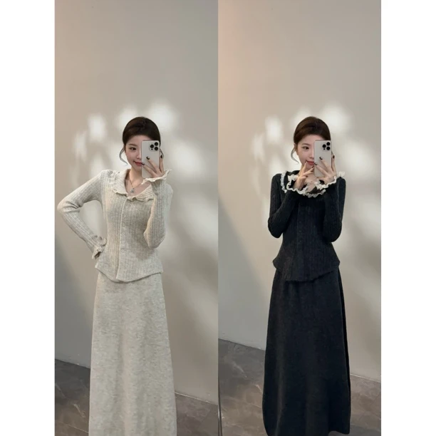 【颂宋】秋冬新款蕾丝边复古气质针织毛衣搭配半身裙套装DT1762