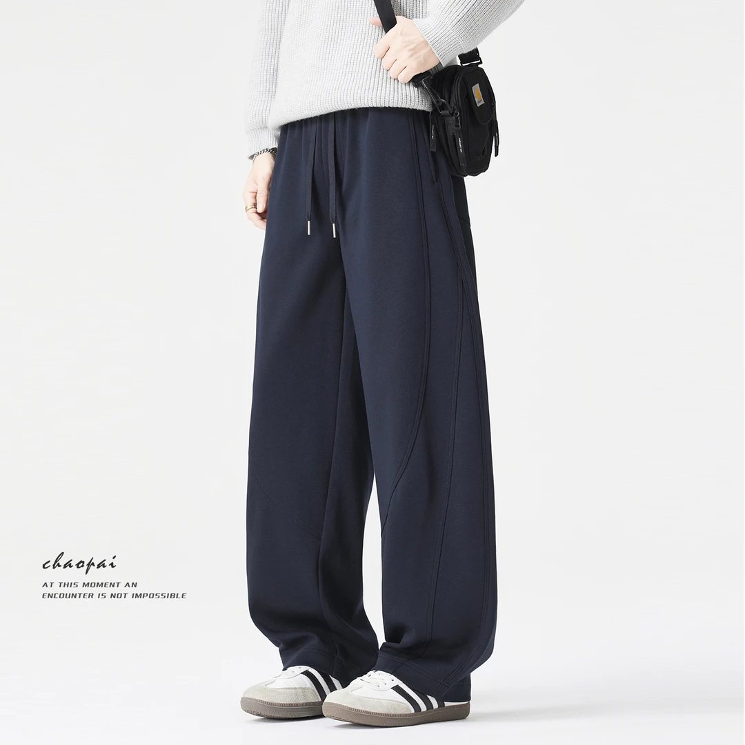 美式重磅解构弯刀休闲裤男秋冬季宽松直筒cleanfit长裤子针织卫裤