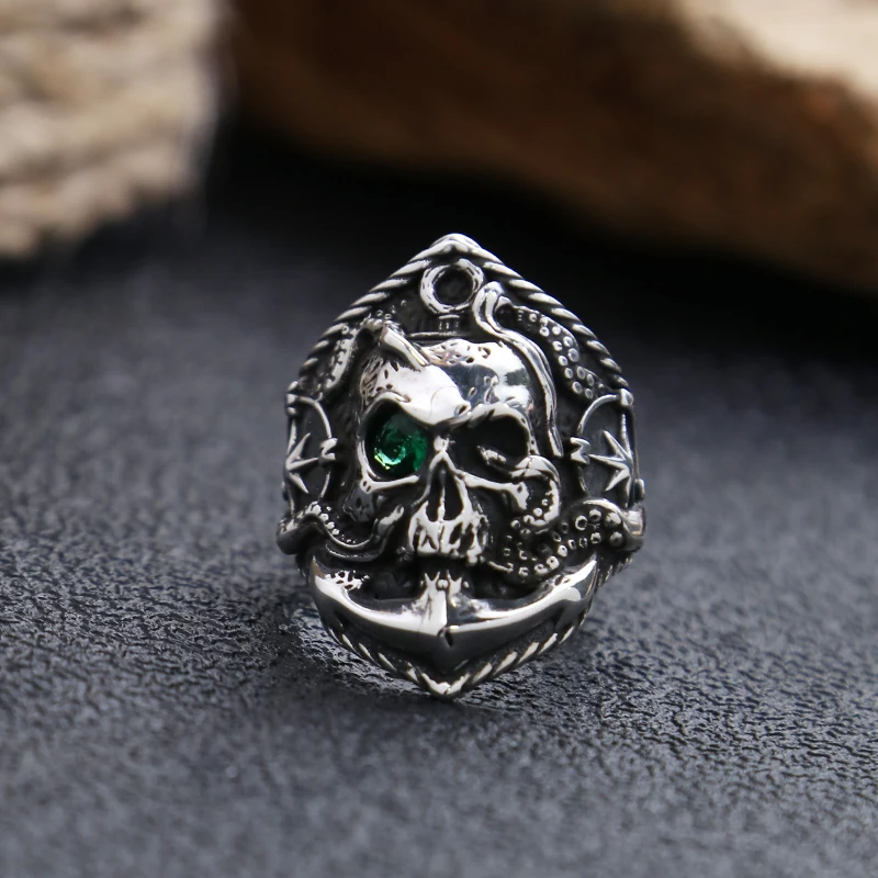 925银戒指 纯银s925宽面流行绿眼骷髅戒指 男女同款开口戒指
