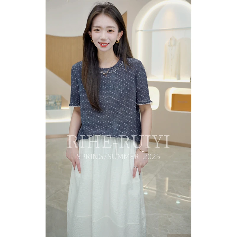 R H 【密烤木耳边】2025年新款时尚气质显瘦休闲桑蚕丝T恤2576