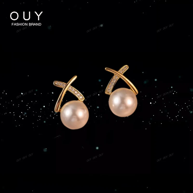 OUY 925银仿珍珠耳饰  法式复古X字母珍珠耳钉女轻奢高级气质耳环