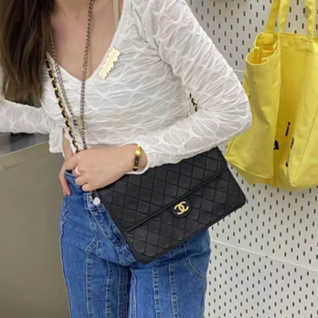 99新 Chanel/香奈儿 口盖链条包/cf系列/丹宁牛仔/菱格纹/黑银