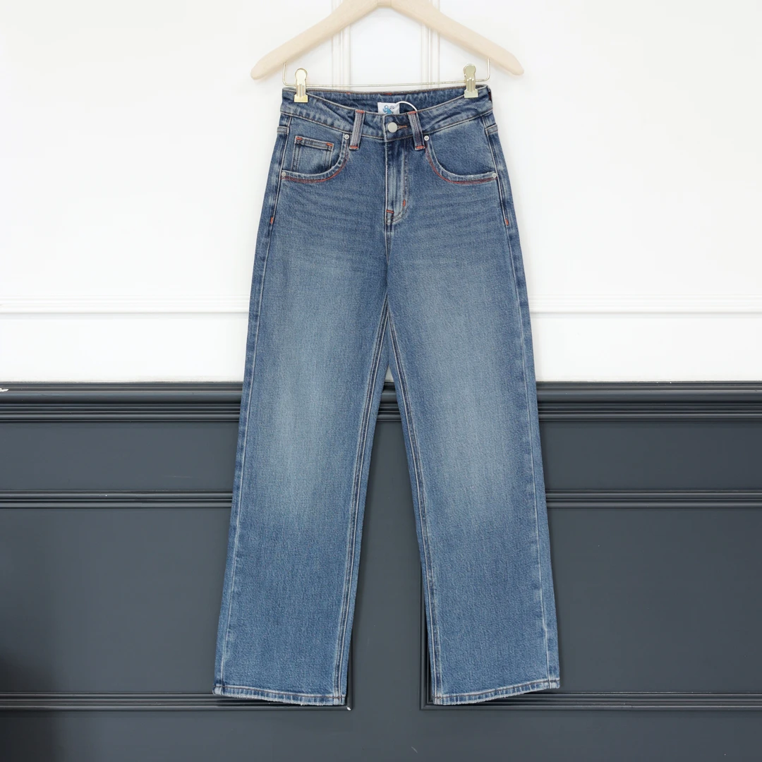 【壁虎姐】 橘红标 浅蓝色水洗复古宽松百搭休闲直筒牛仔裤
