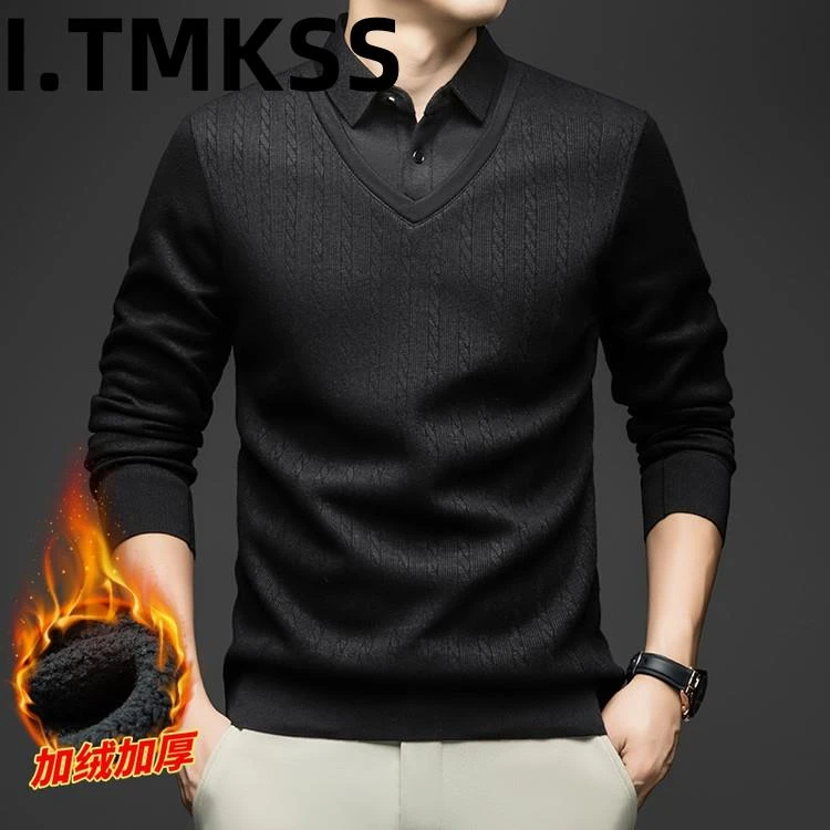 2026秋冬新款中年男士针织衫假两件加绒加厚保暖修身毛衣打底毛衫