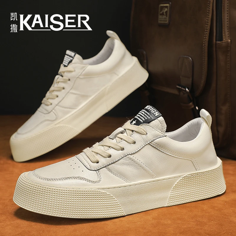 凯撒秋季男鞋皮面舒适透气休闲板鞋子男款韩版厚底耐磨运动小白鞋