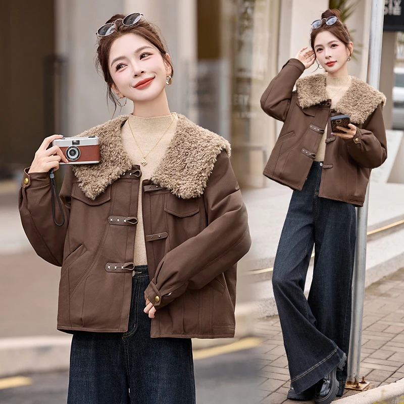 羊羔毛海军大翻领蛋白皮皮衣棉服女2025新款冬季短款加厚夹棉外套