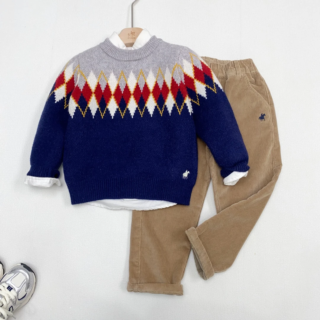 秋冬新款中大童圆领针织衫学院风厚款套头毛衣男童休闲极简风韩版