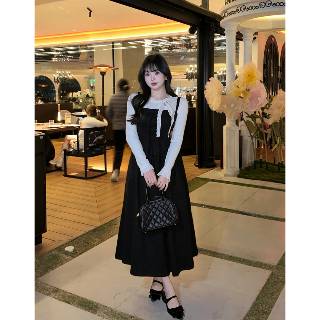 清清萌面侠芝士【弗朗少女】法式长裙A字气质叠穿吊带裙4182套装