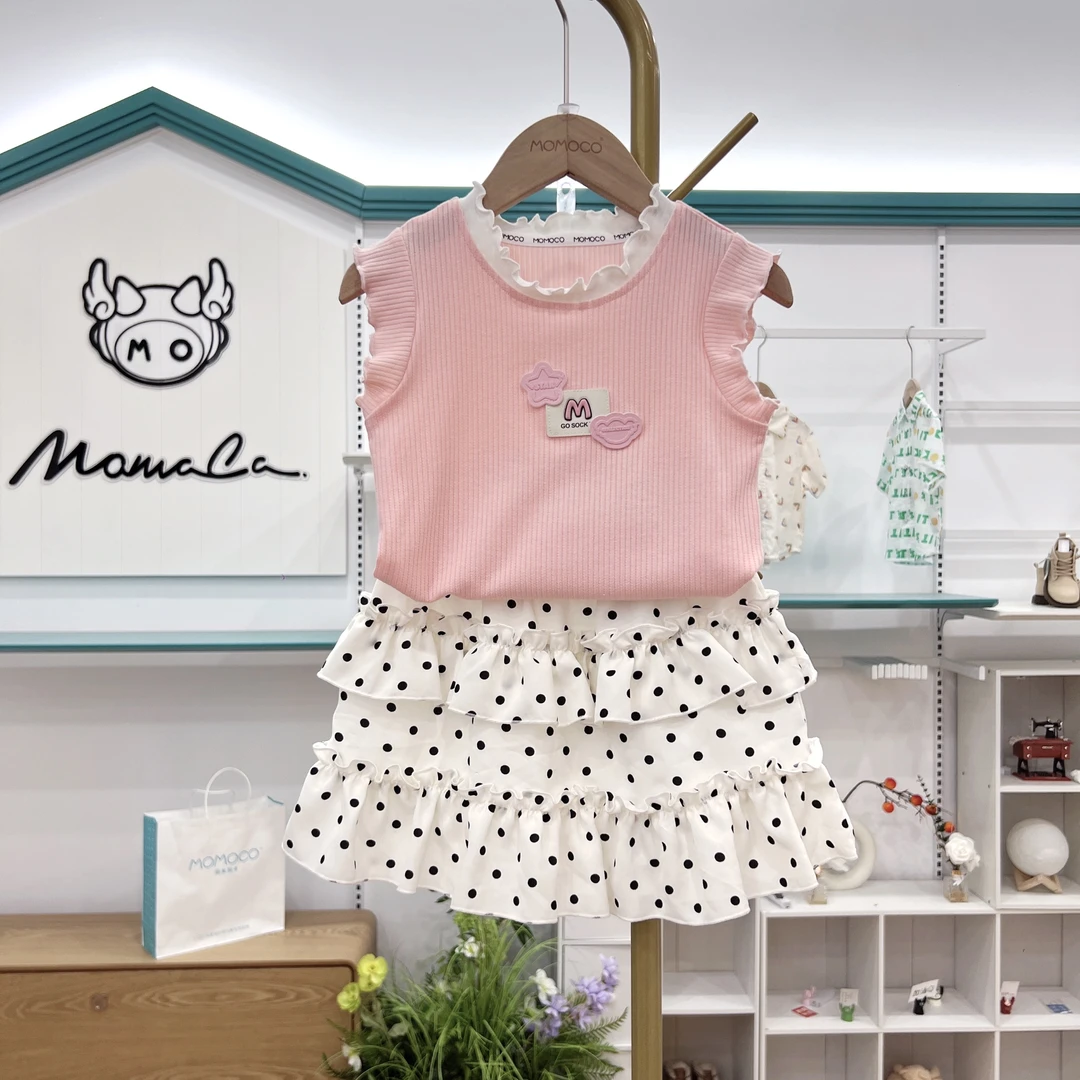 MOMOCO女童夏季韩系木耳边上衣搭波点短裙两件套77630578200