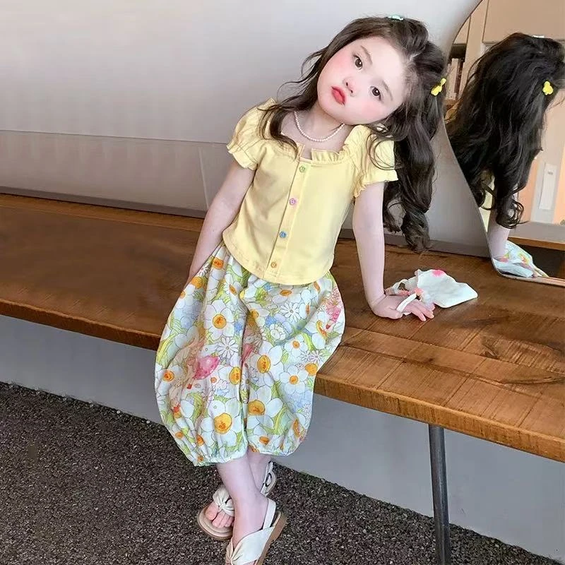 【莫奈柠黄】女童2025新款田园风短袖灯笼裤甜美两件套