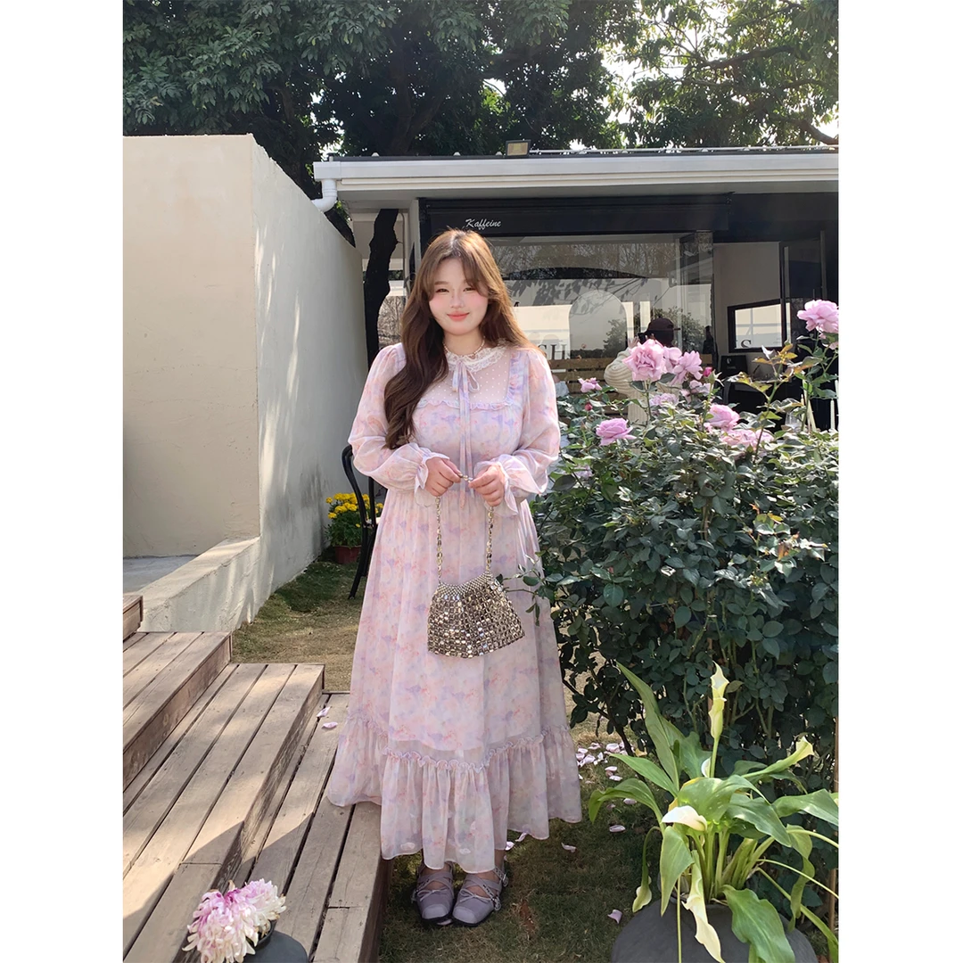 徐达布【画报少女】大码紫色碎花连衣裙女独特系带长裙L29035C51