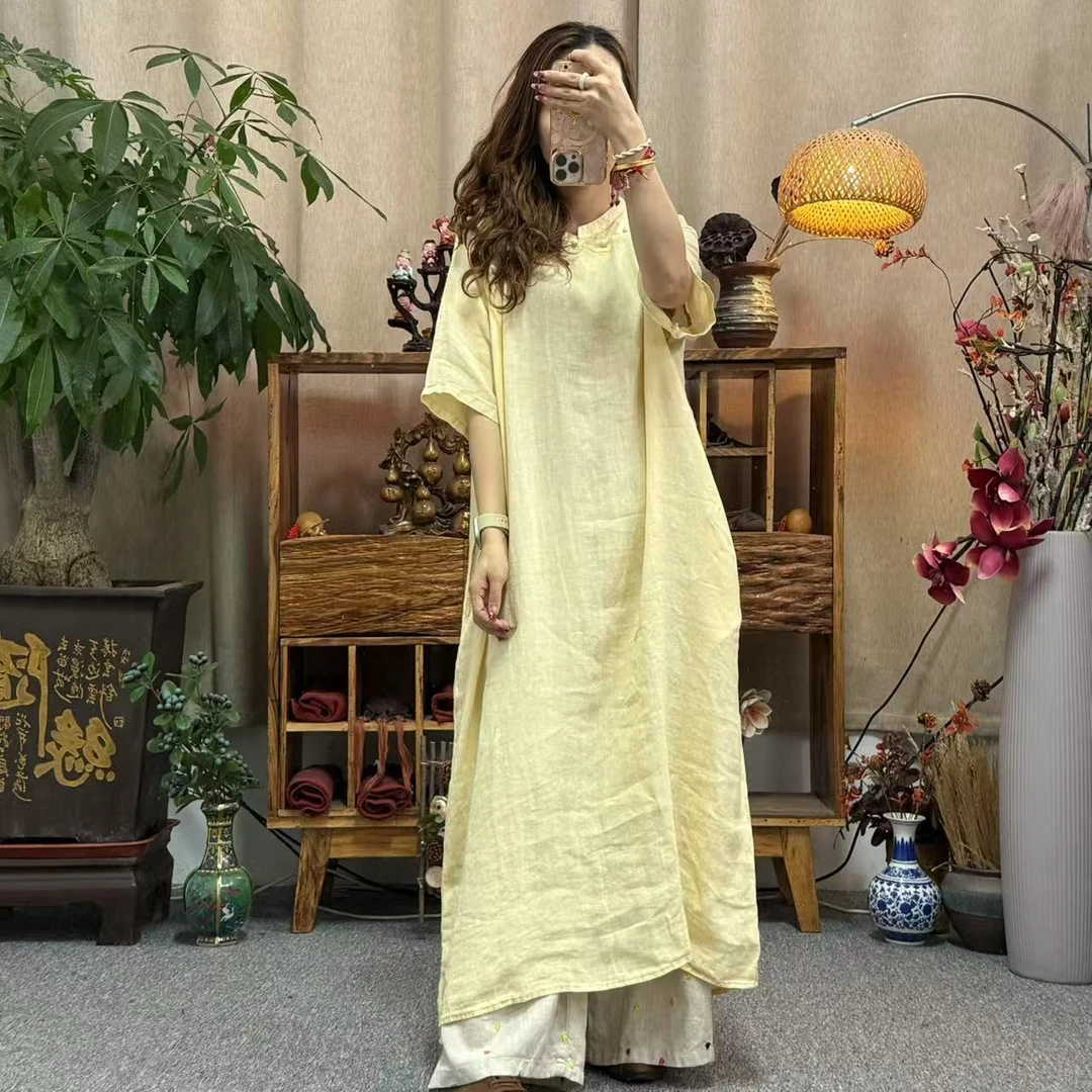 花璟与麻~复古立领包扣改良版袍裙（衣长118胸围130）