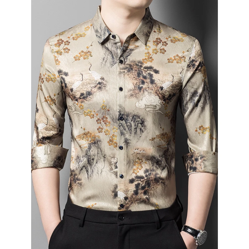 印花长袖衬衫男商务休闲寸衫上衣2025秋季新款高级山水画男装衬衣