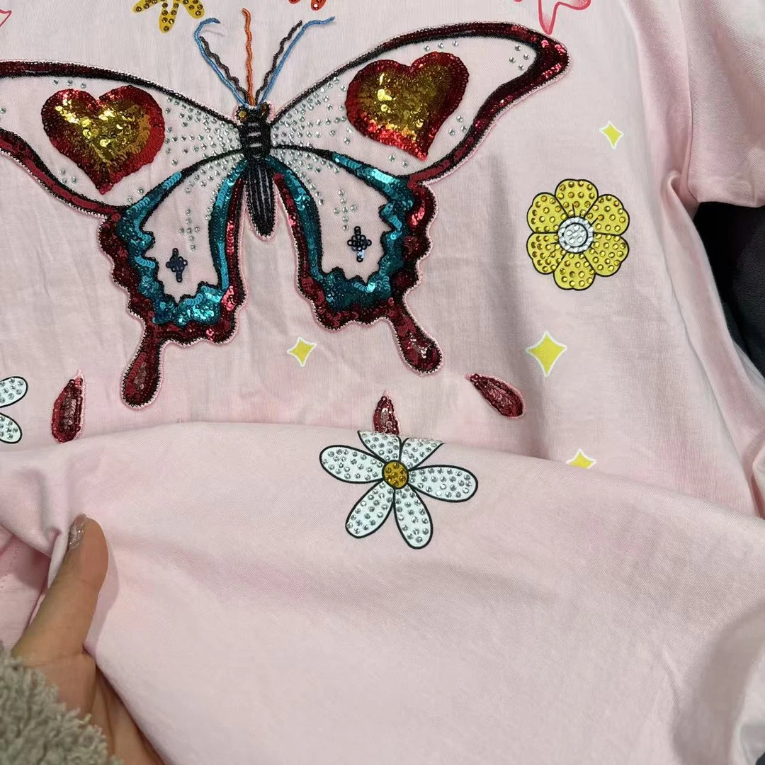 EH 潮牌女款蝴蝶烫钻休闲圆领短袖T恤 503