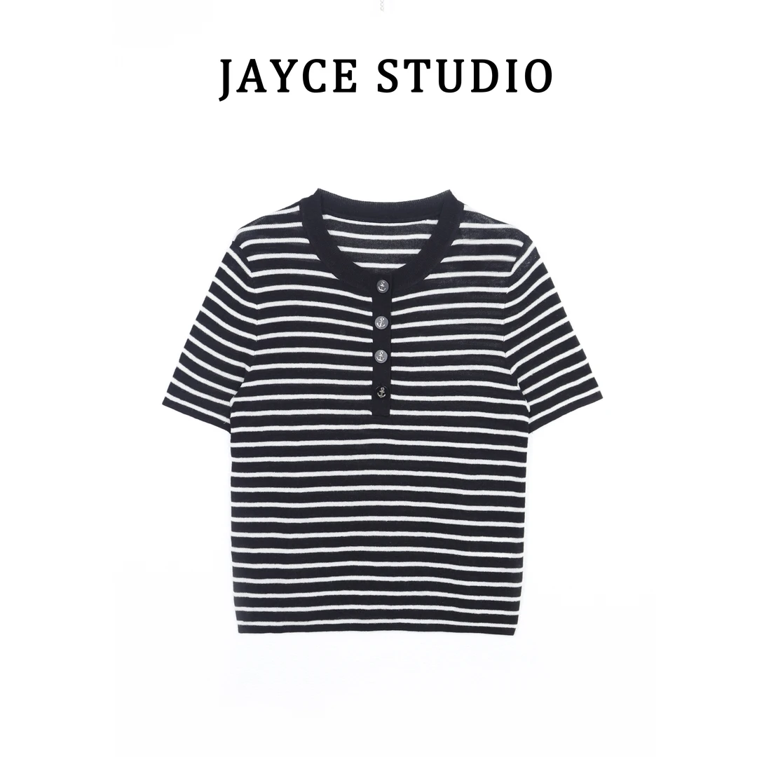 JAYCE “新粉福利”圆领经典航海风船锚纽扣条纹针织短袖 JC81539