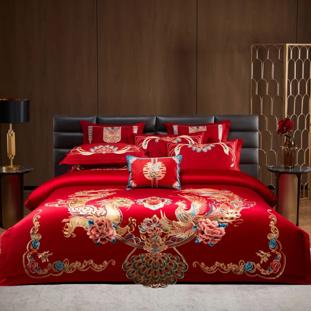 yy【缘定江山】高端刺绣婚庆结婚用品婚房四件套红色松弛感