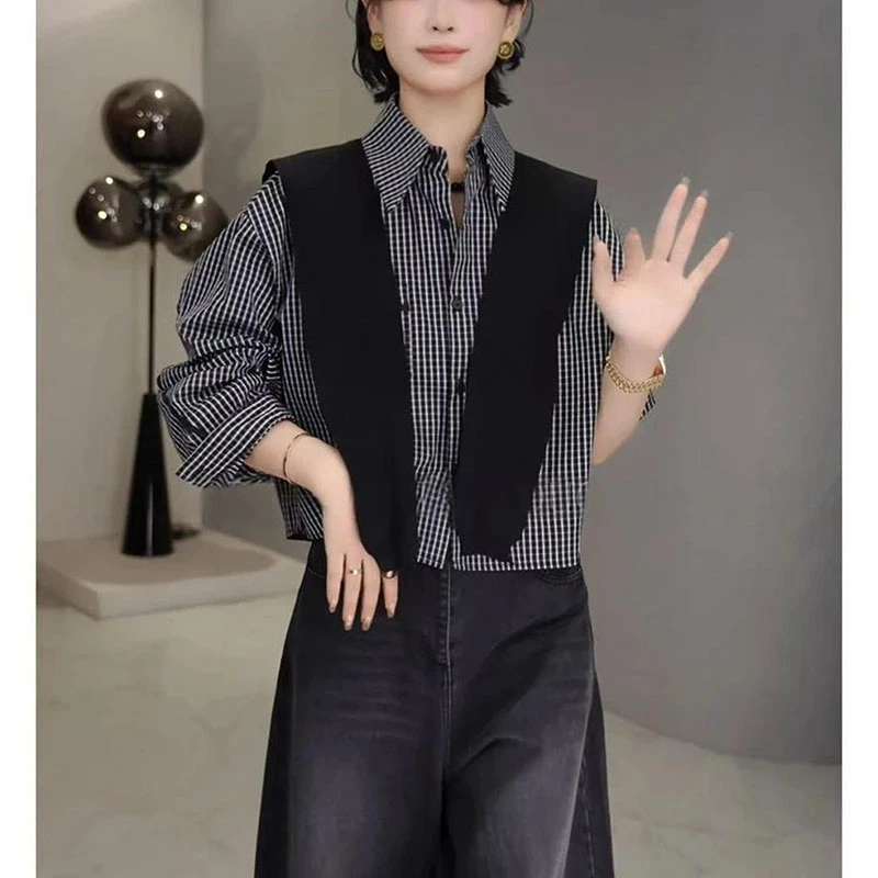 气质polo领简约通勤衬衫2025秋季新款韩系时尚披肩条格纹长袖上衣