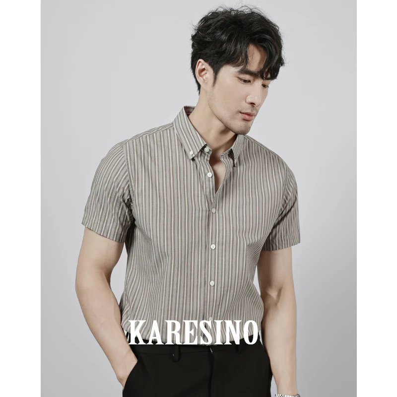KARESINO夏季新款男士商务纯棉轻薄凉感衬衣修身免烫条纹衬衫短袖