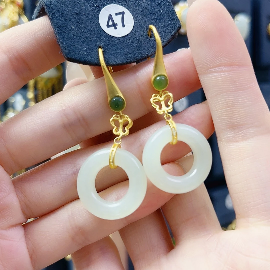 和田玉银S925镀金镶嵌耳饰