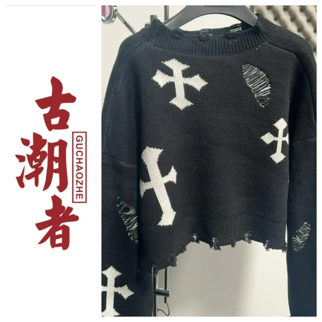 十三姨 美式十字架毛衣女高街设计感ins针织衫外套