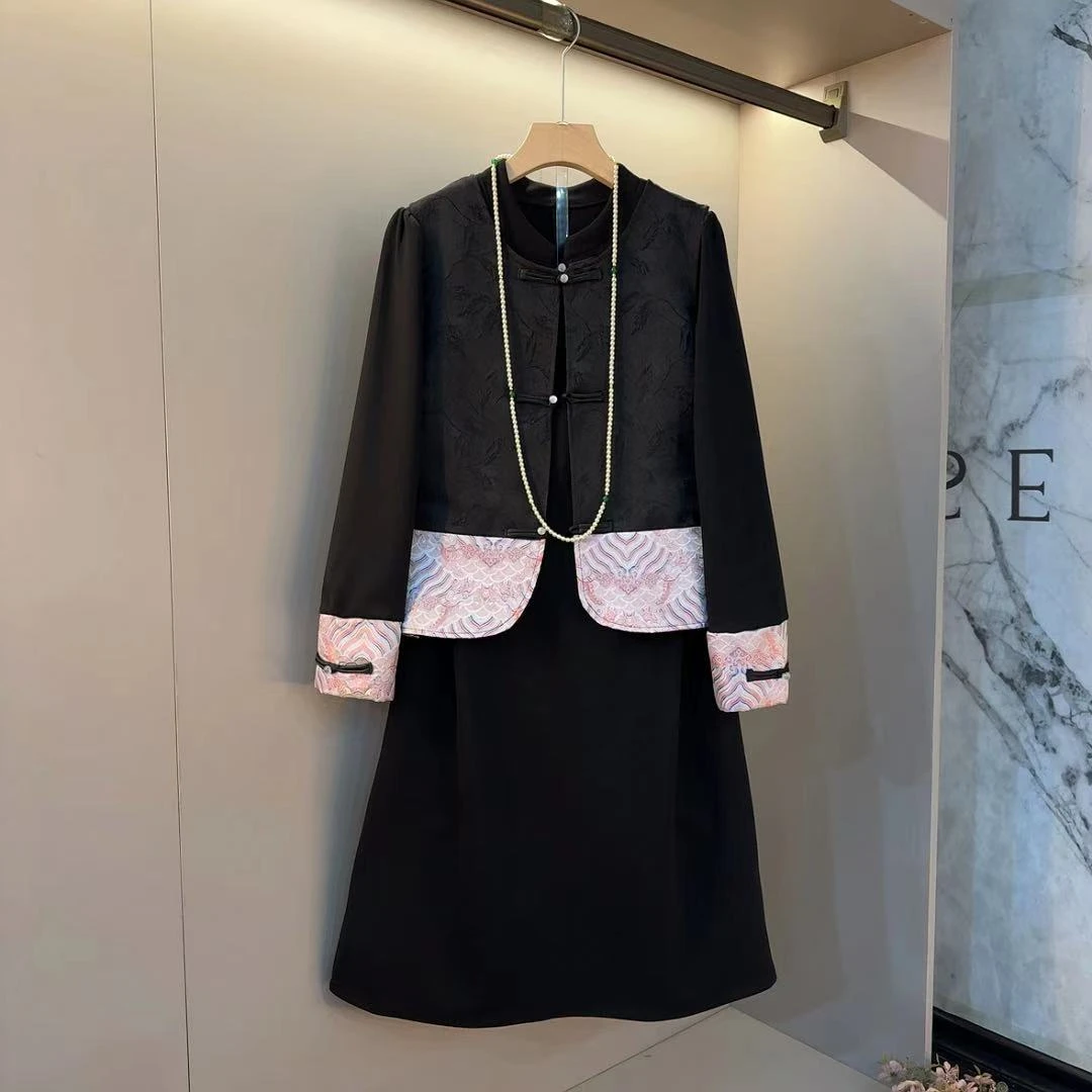 2025高级感显瘦减龄新中式国风马甲微胖洋气女装两件套装衣长102