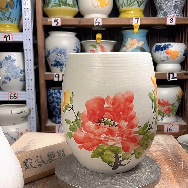 白泥但盆红牡丹陶瓷