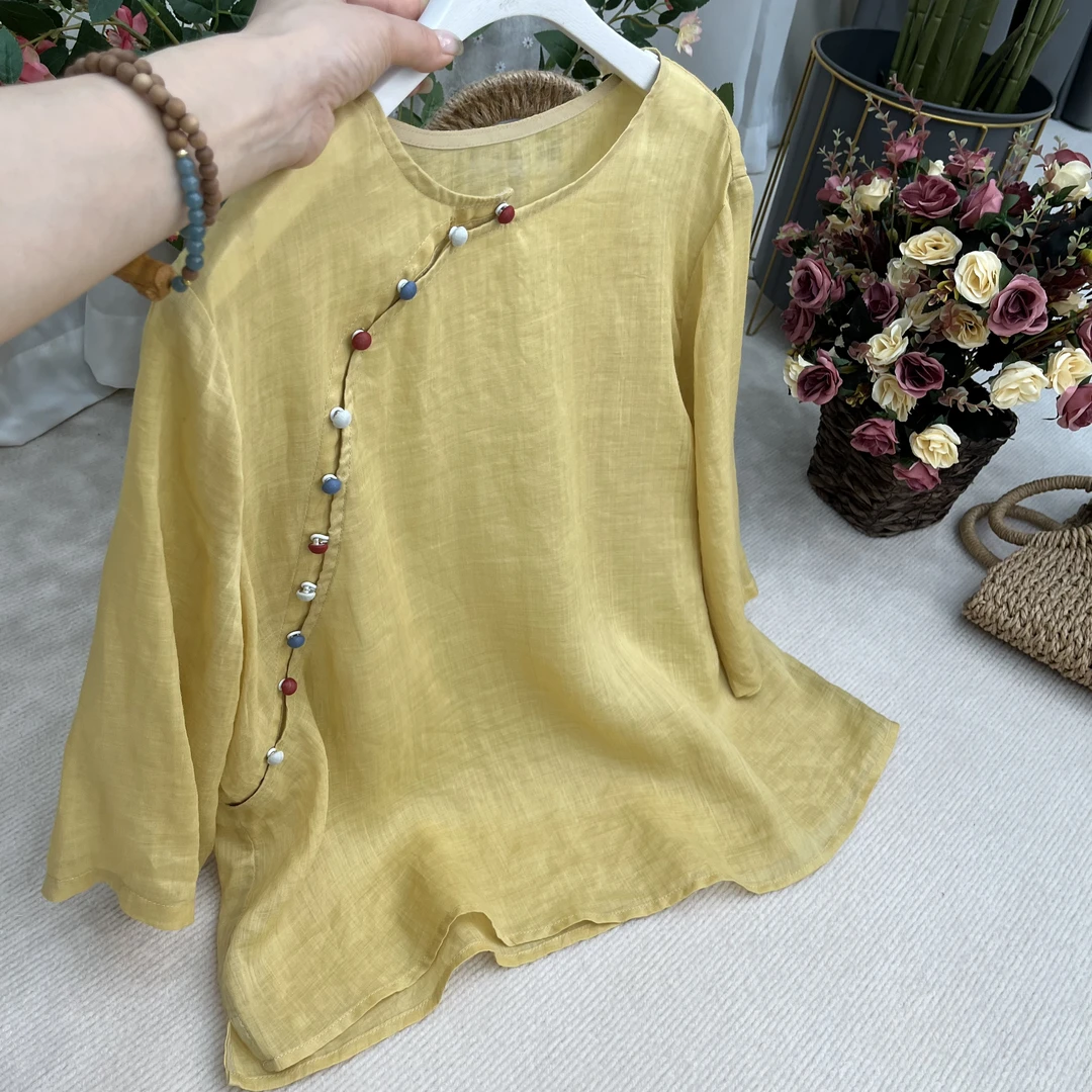 夏季新款斜襟苎麻小衫盘扣琉璃扣衬衫女上衣新中式圆领黄色