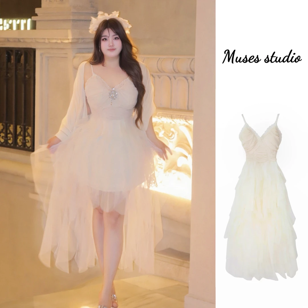 天鹅之梦/法式名媛千金轻奢高级生日礼裙公主杏色网纱吊带连衣裙