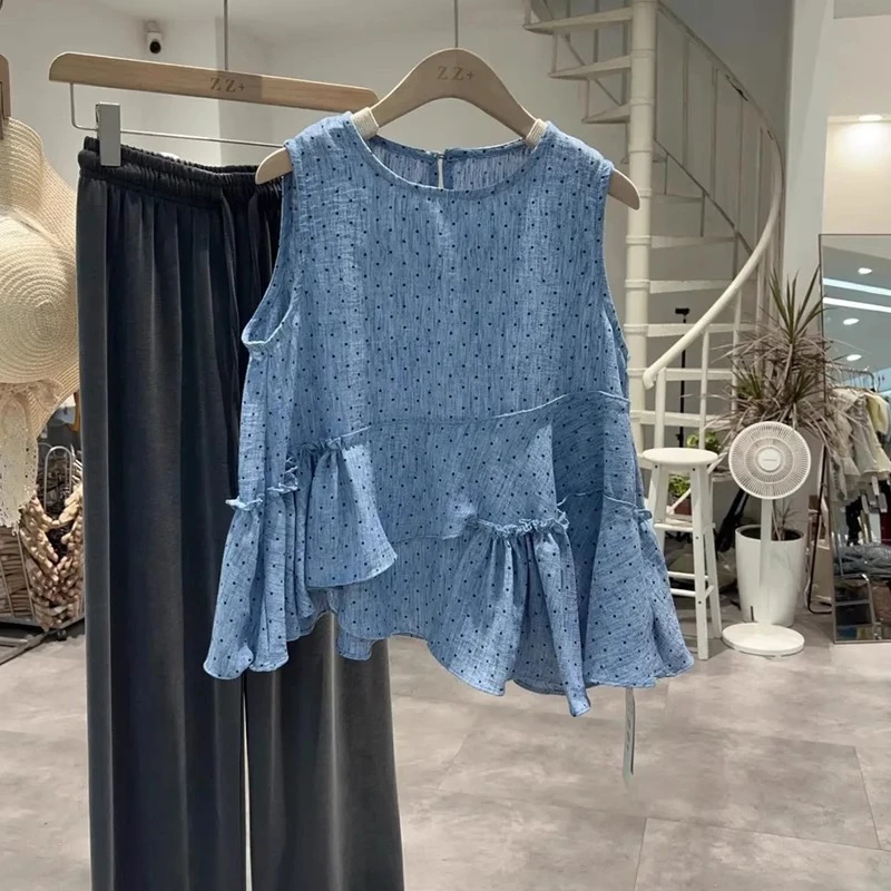 韩系不规则荷叶边波点无袖衬衫女夏季休闲百搭洋气背心显瘦上衣潮