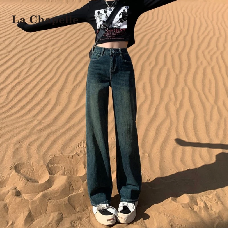 拉夏贝尔水泥灰窄版直筒牛仔裤女春秋季显瘦小个子复古高腰阔腿裤