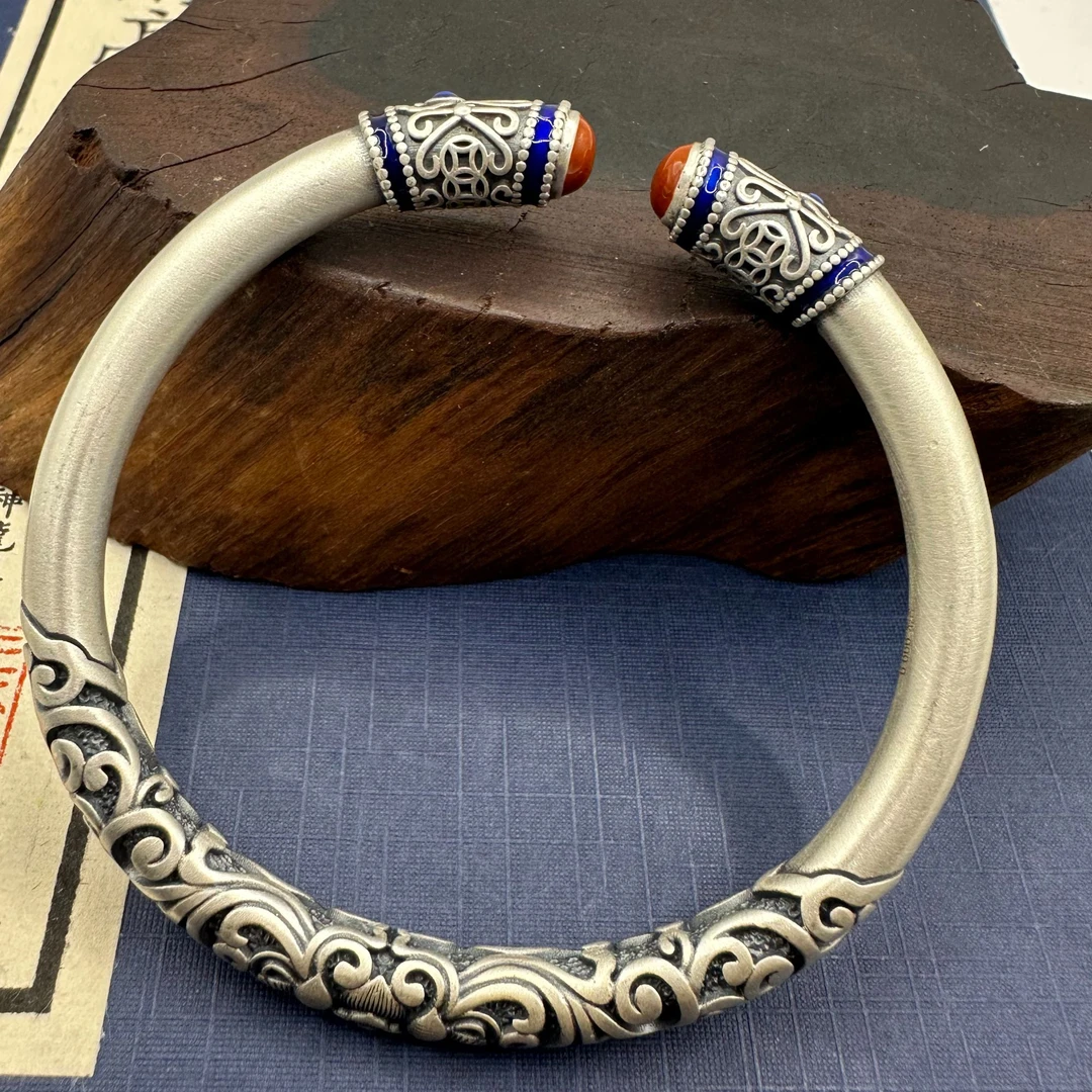 鑫百福 足银手镯 足银9999珐琅彩复古卷草纹开口手镯民族风时尚