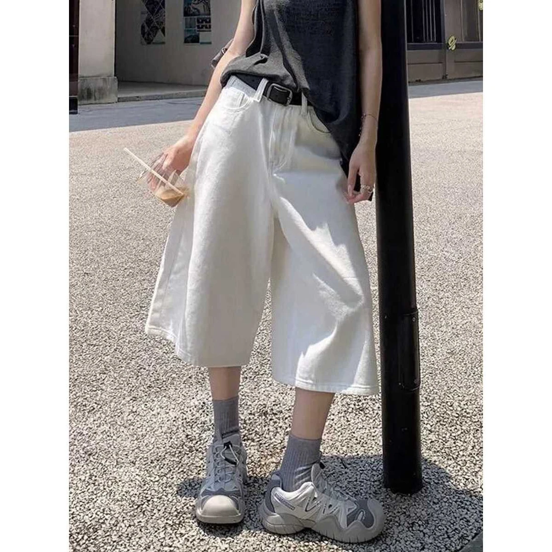 美式复古白色阔腿牛仔七分裤女夏季高腰宽松显瘦简约百搭直筒短裤