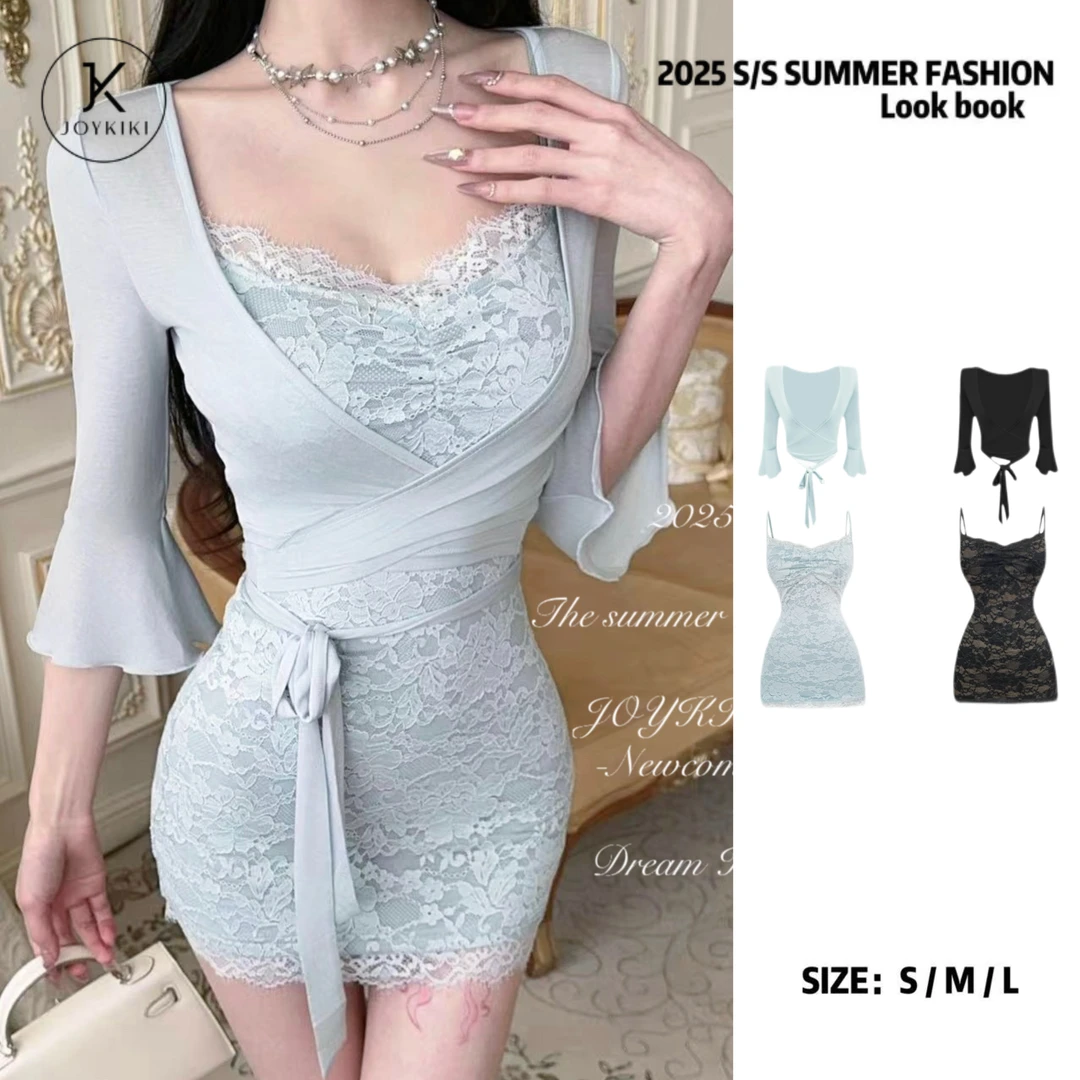 JOYKIKI金金【薄荷轻语】气质纯欲拼接蕾丝设计连衣裙套装J25B534