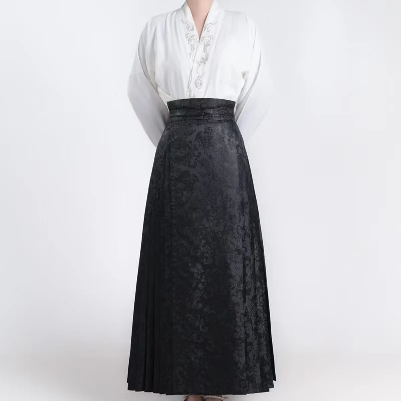 欧若风春日落九天马面裙{花卉暗纹}明制汉服黑色日常百搭马面裙