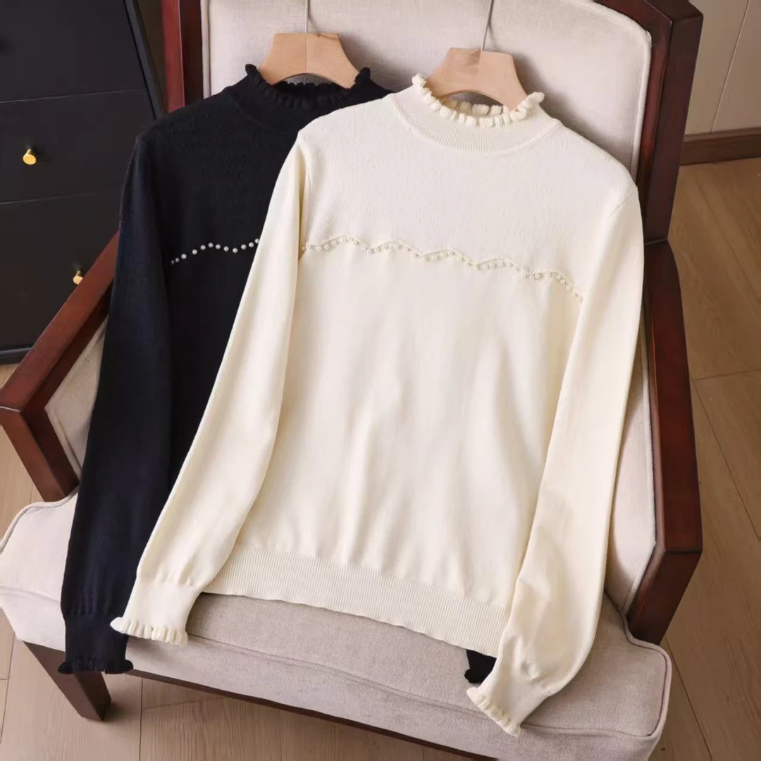 工厂直销8345#（90-200斤穿）时尚显瘦订珠款木耳领针织毛衣