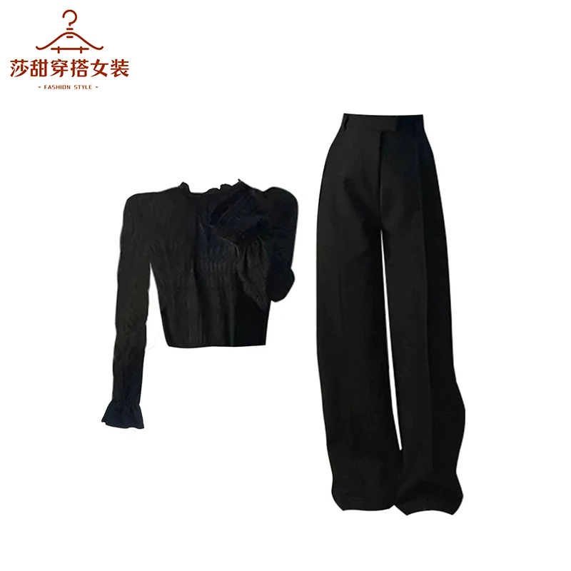 春夏穿搭套装女2025年新款酷飒拽姐黑色衬衫西装裤今年流行两件套