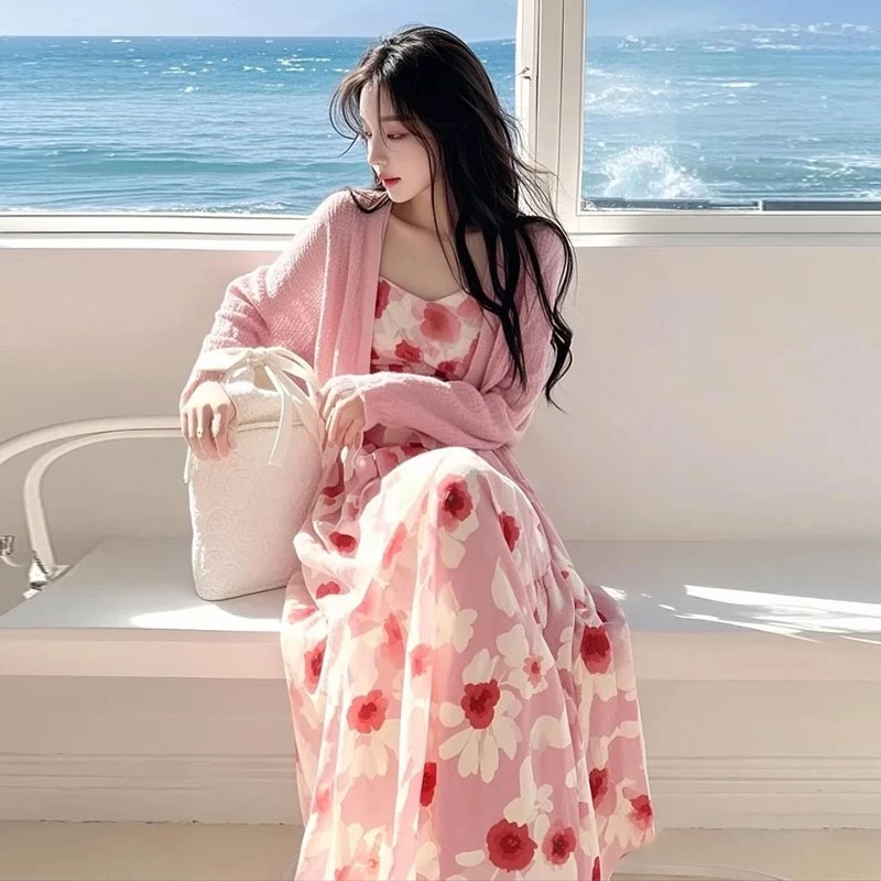 针织开衫碎花吊带连衣裙套装女2025春秋新款气质温柔风减龄两件套