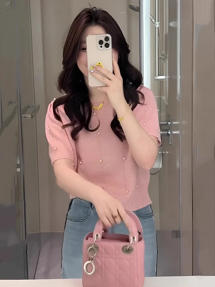 粉色钉珠短款圆领短袖针织衫女025春夏新款宽松独特别致洋气H5-79