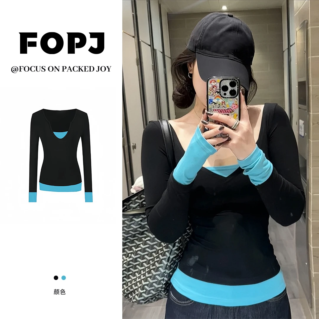 FOPJ早春时尚撞色T恤女纯欲风辣妹V领长袖拼接修身显瘦打底衫上衣