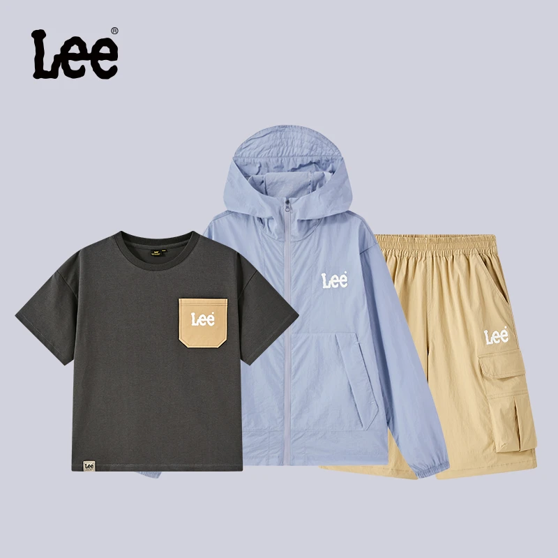 Leekids男童女童防晒套装儿童T恤短裤防晒衣三件套中大童夏季套装