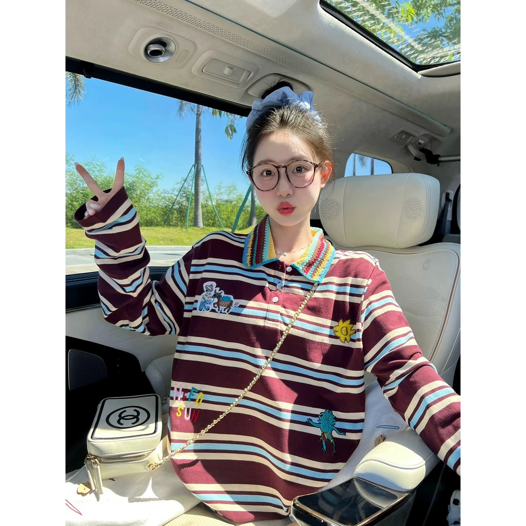 复古条纹衫秋冬撞色设计感刺绣