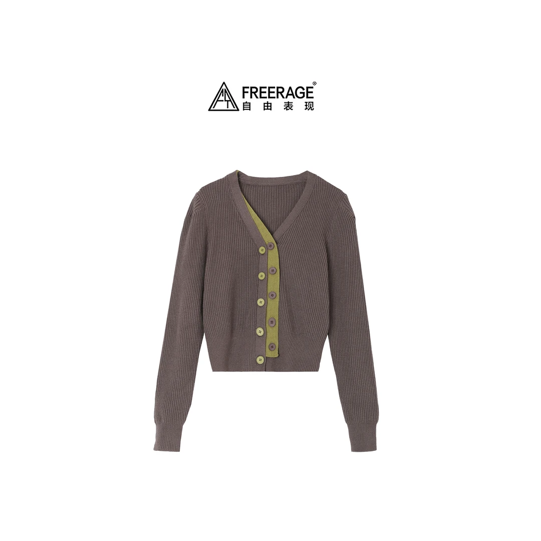 FreeRage/自由表现  简约女V领针织衫撞色双排扣开衫 25775