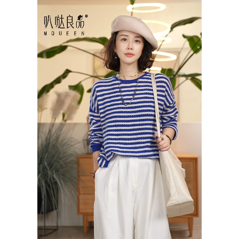 Y【叭哒不惑】烟岚 山羊绒桑蚕丝条纹毛针织衫女圆领宽松百搭毛衣