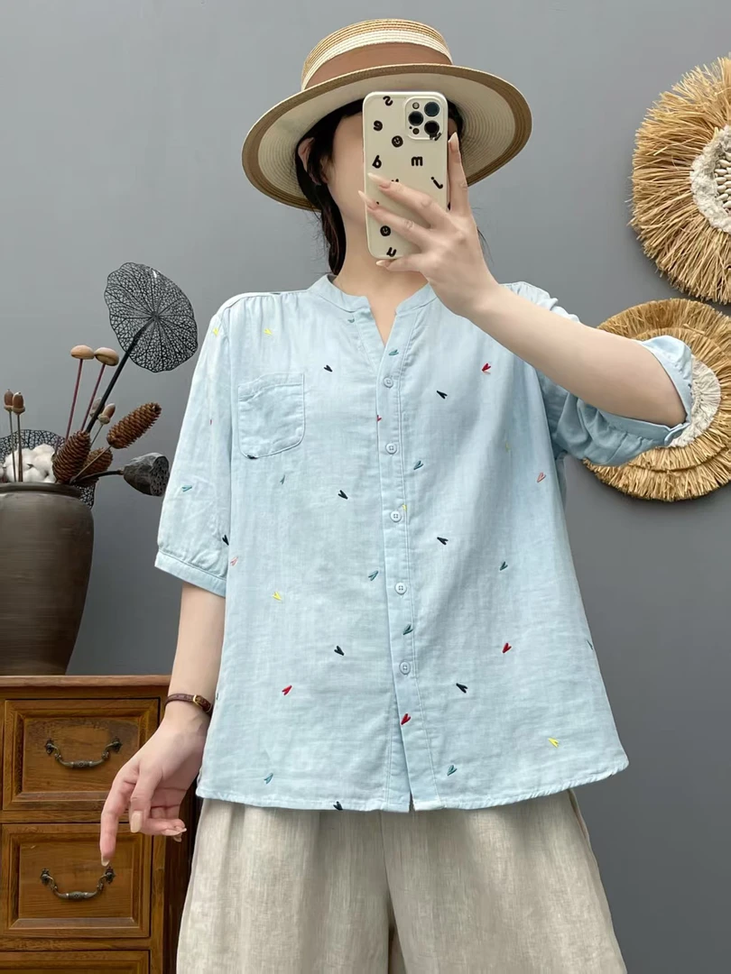 夏季双层棉纱衬衫  女士上衣爱心刺绣V领清新减龄衣服-853