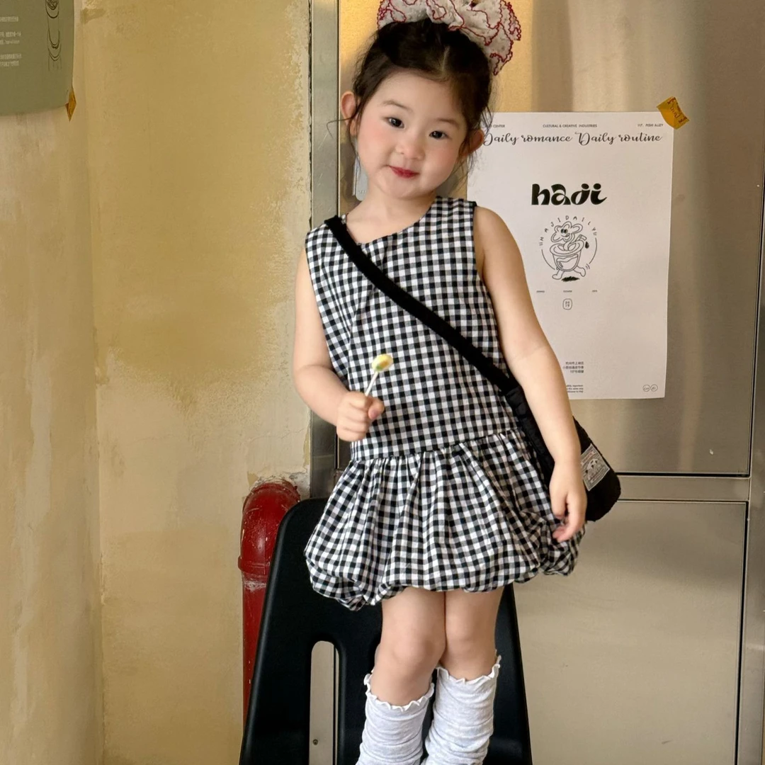 小惜亦2025夏季新款韩版童装女童无袖格子背心裙下摆蓬蓬裙童裙