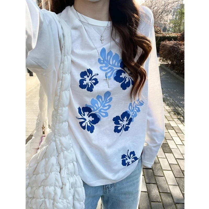 夏季新款慵懒风花卉印花薄款防晒长袖t恤女设计宽松圆领罩衫上衣
