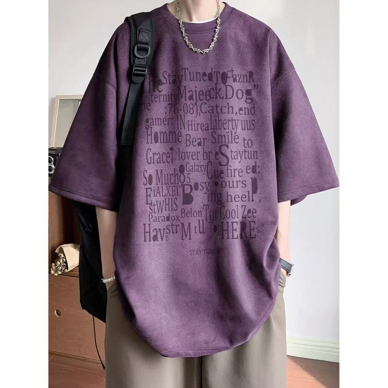 鹿皮绒短袖t恤男款夏季美式高街潮牌字母印花宽松情侣半截袖体恤