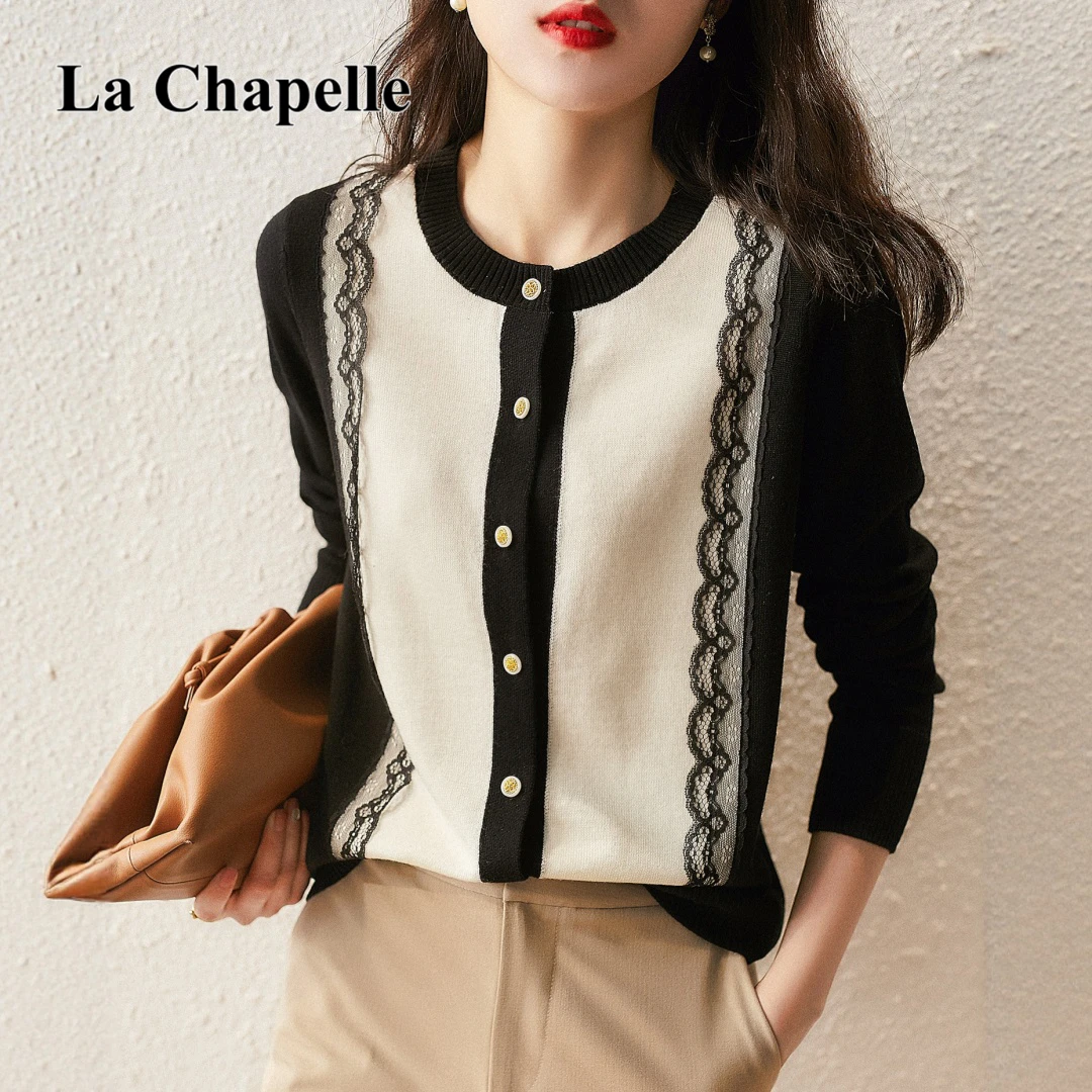 拉夏贝尔高级感软糯打底针织衫女2025秋冬新款时尚蕾丝边拼接上衣
