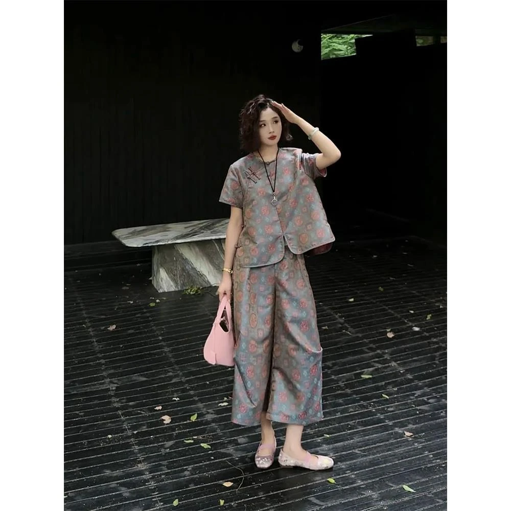 2026超火夏装一整套新中式国风年轻款盘扣改良唐装上衣裤子两件套