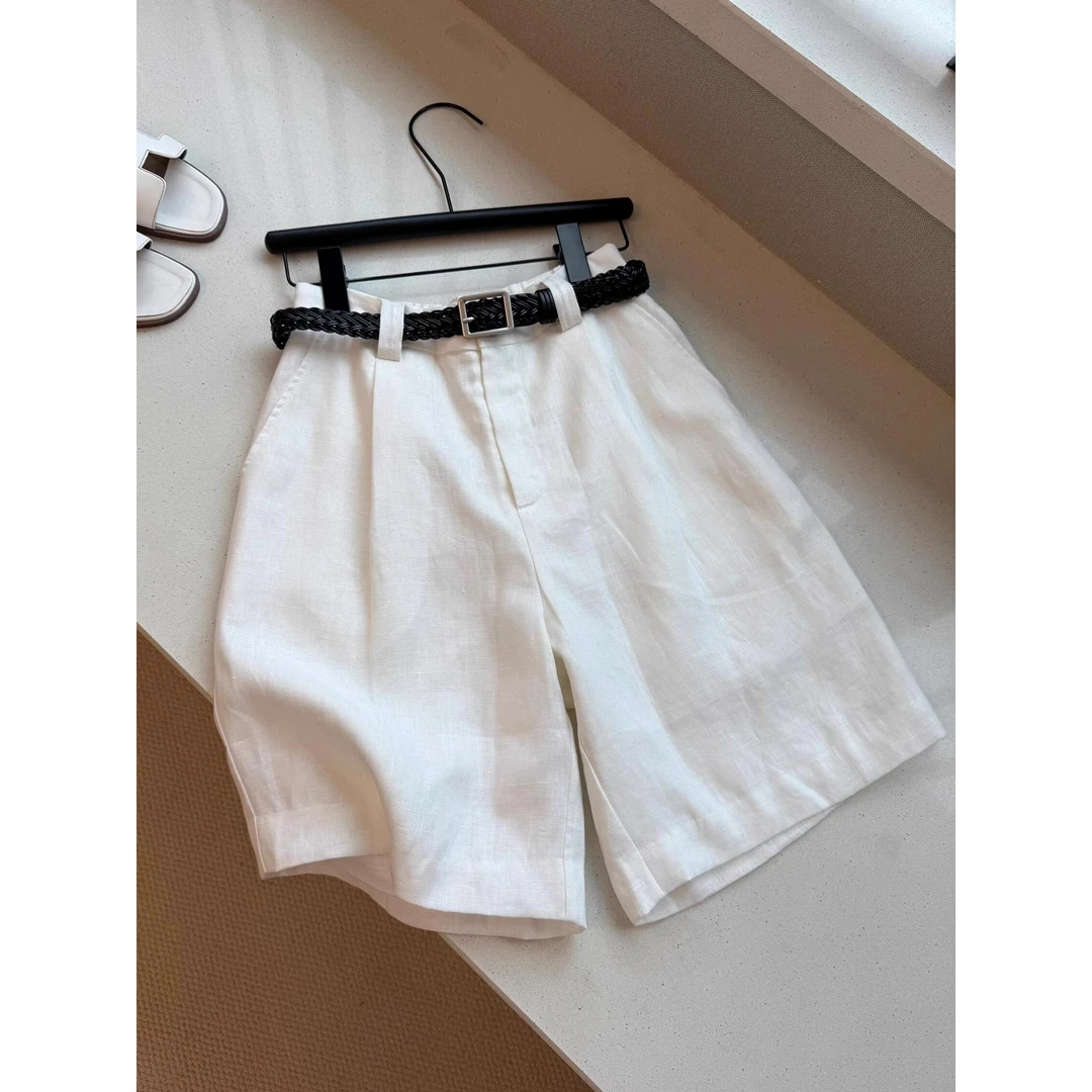老钱风极简松弛感白色亚麻短裤女2025夏季高腰显瘦百搭阔腿五分裤